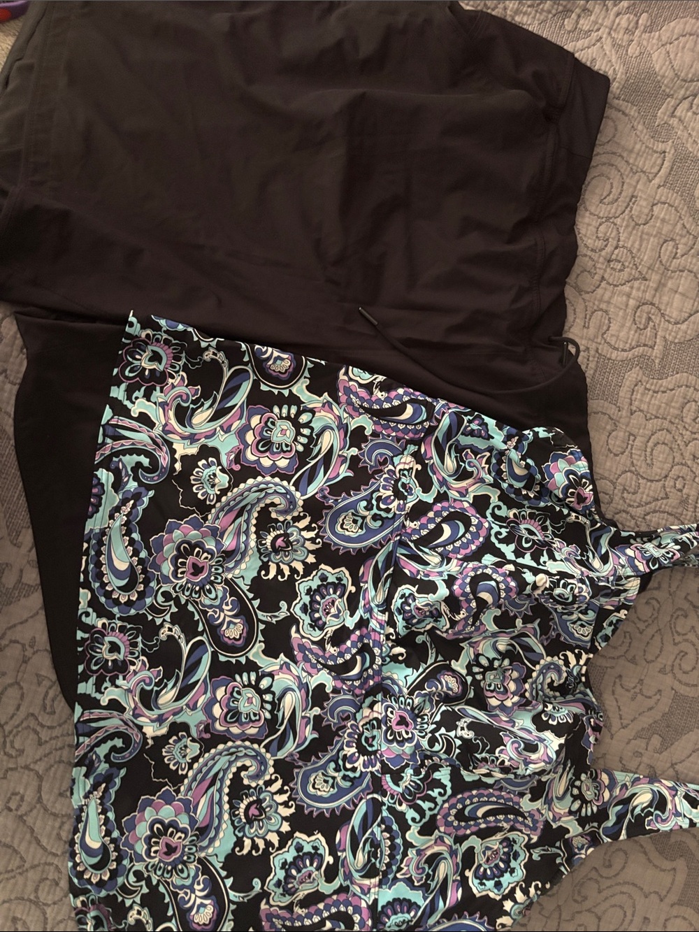 Lands' End Black Underwire Tankini with Swim Shorts Teal Purple Paisley Print